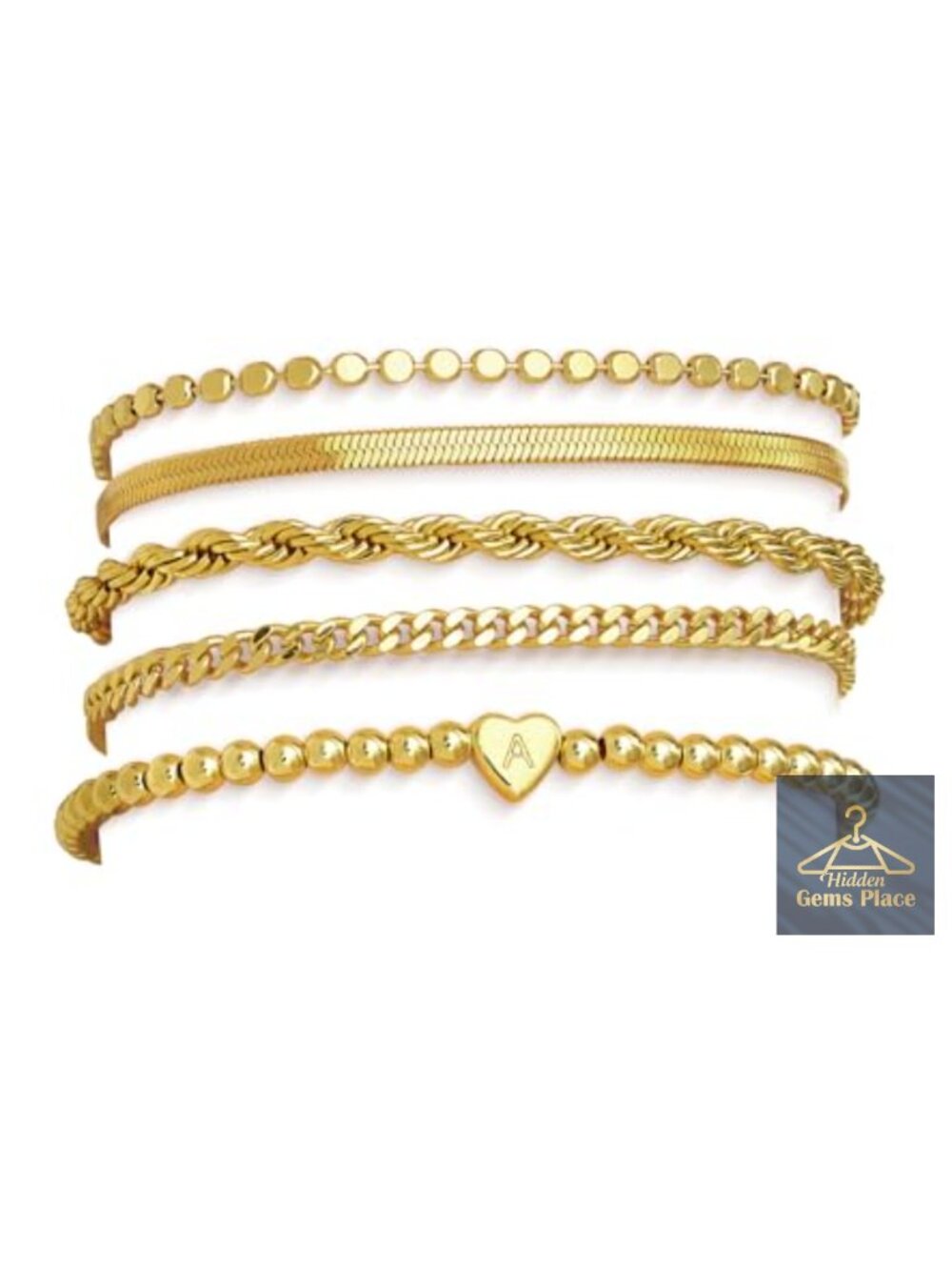 Bracelet Stack Set - 5 Non Tarnish Gold Bracelets with Initial Charm,